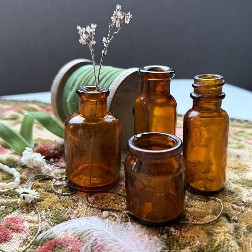 Set of 4 Antique Amber Glass Medicinal Apothecary Bottles